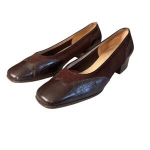 Salvatore Ferragamo Croc Embossed Brown Leather Suede Heels Size 6 C